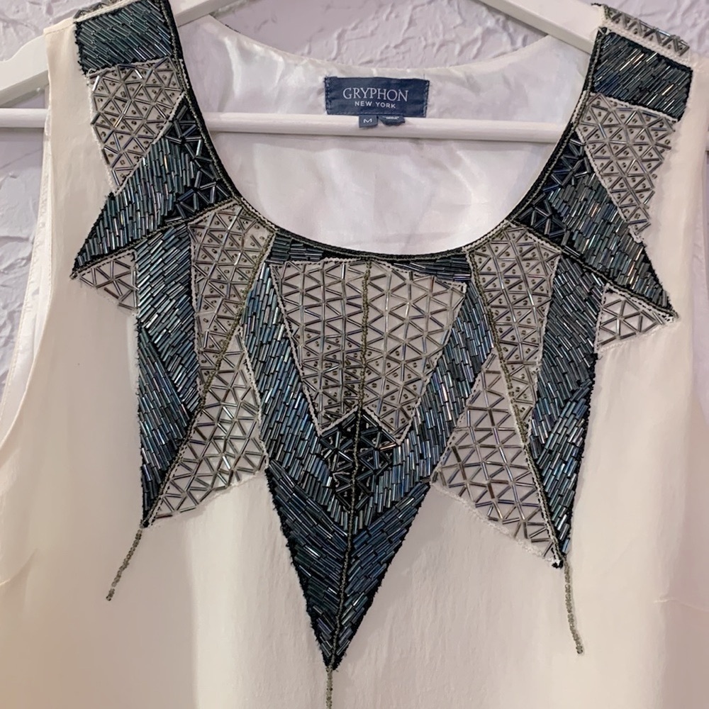 Gryphon NEW 100% Silk Cocktail Dress White Medium Beaded Neckline Flirty Party - Picture 4 of 12